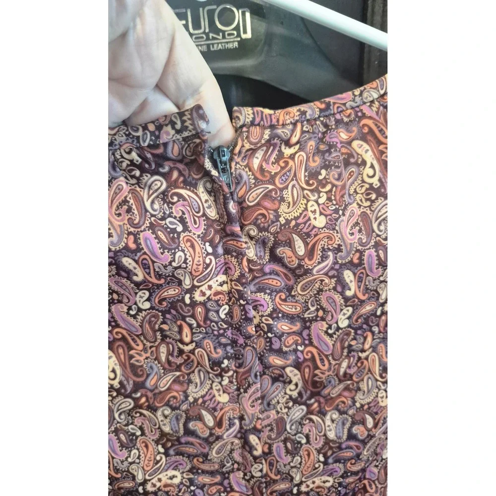 Handmade Vintage Paisley Print Long Sleeve‎ Midi Dress Ruffle Hem Mauve Purple M